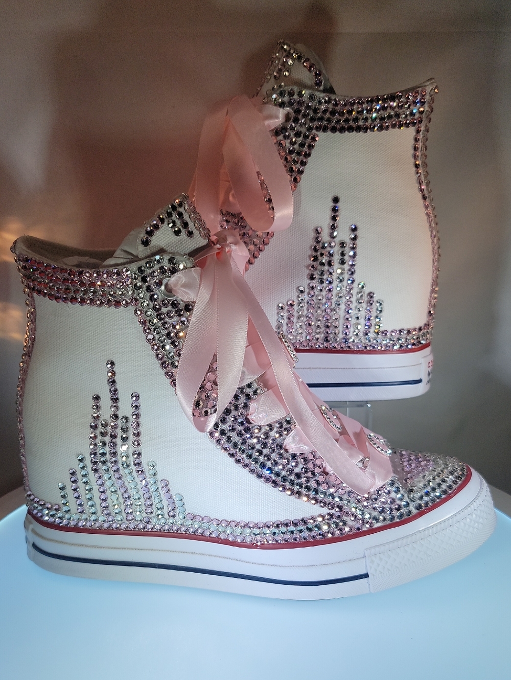 Rhinestone-Embellished Pink Ribbon High-Top Sneakers